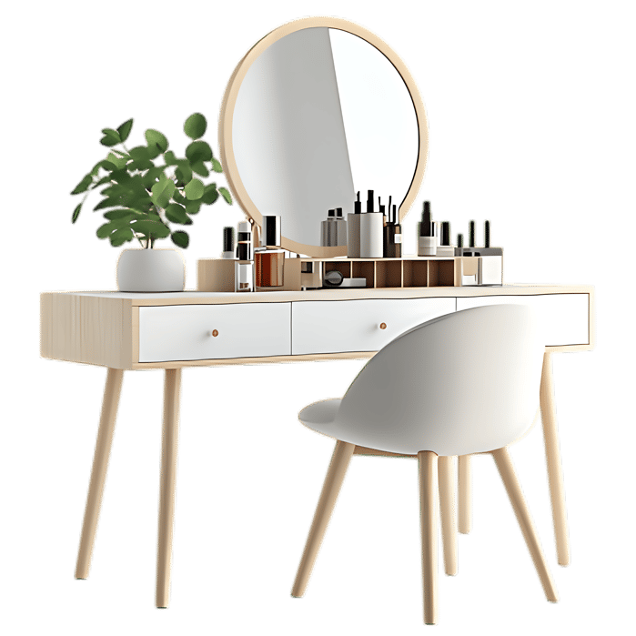 Modern wooden vanity set with mirror and chair