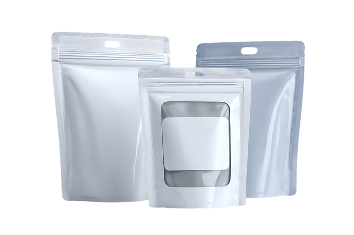 White stand up pouches with clear window