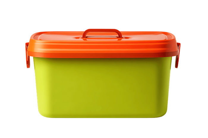 Green and orange plastic storage container.
