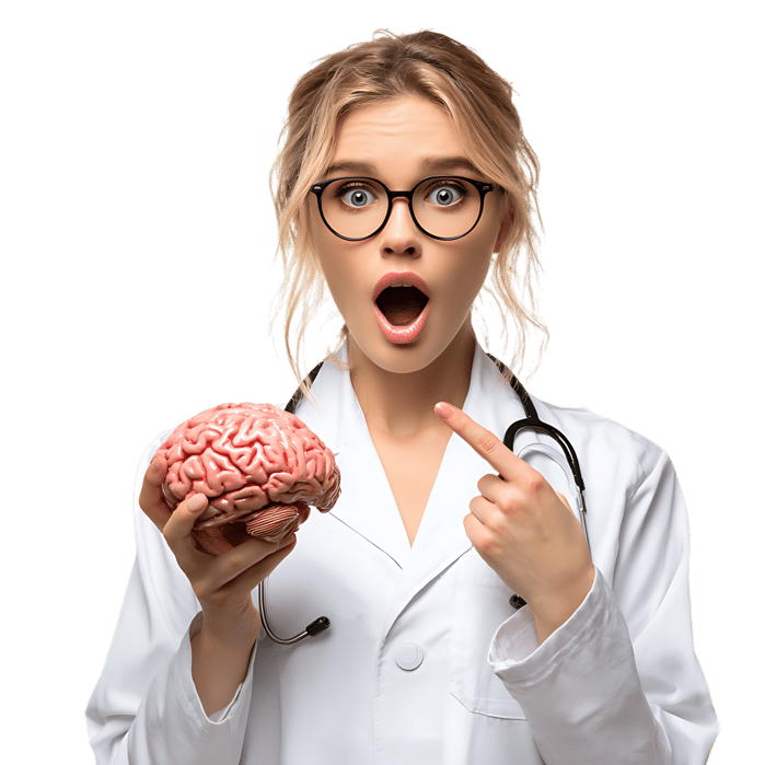 Amazed female doctor holding a brain model