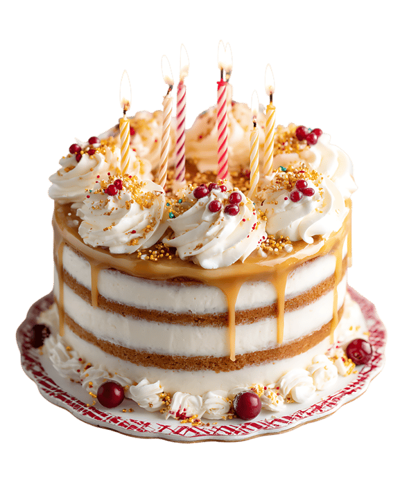 Delicious layered cake with candles.