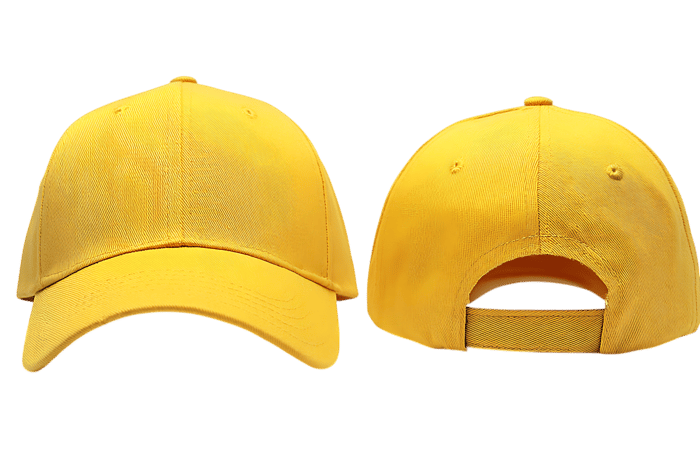 Yellow baseball cap, front and back views. Ready for your design.