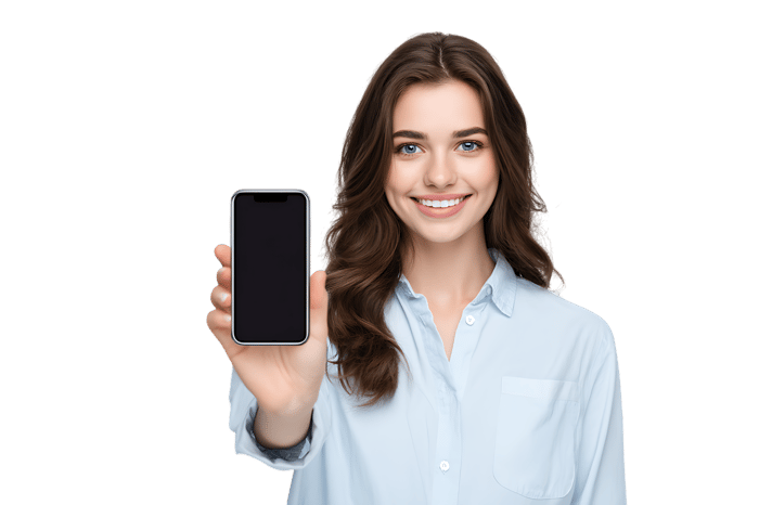 Happy young woman showing blank phone screen. Mockup for app or website.