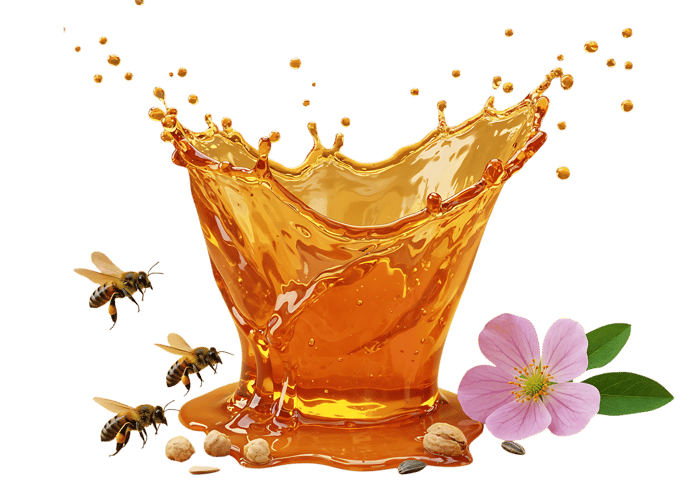 Honey splash with bees and flower
