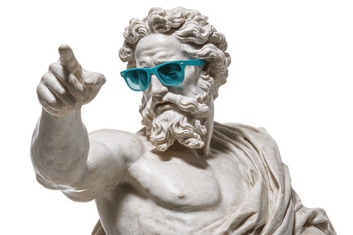 Greek statue wearing sunglasses, pointing finger.