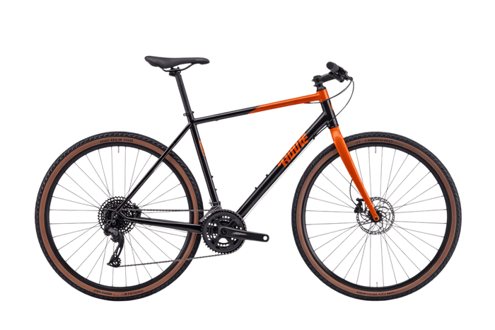 Modern black and orange commuter bicycle for city travel