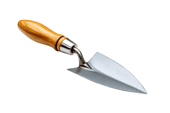 Close up of a gardening trowel with wooden handle.