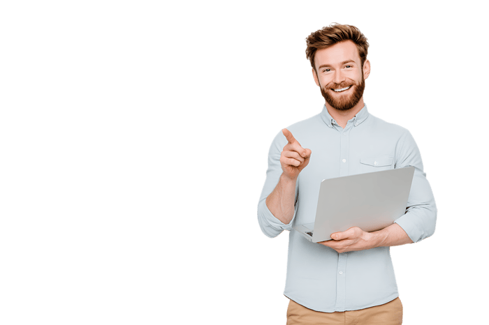 Smiling man holding laptop, pointing finger.