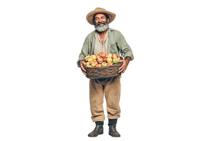 Happy farmer holding a basket of fresh fruits.
