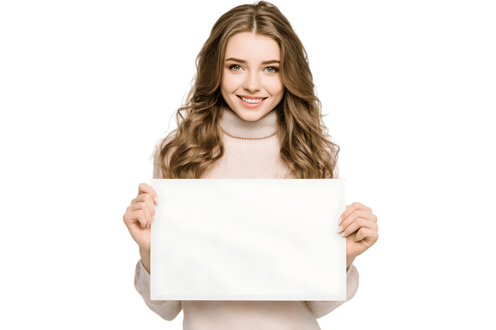 Smiling woman holding a blank sign, great for your text or design.