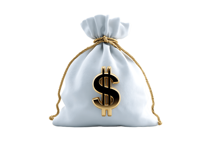 A white money bag with a golden dollar sign.