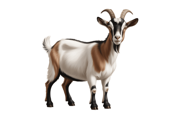 Illustration of a standing goat with horns and a short tail
