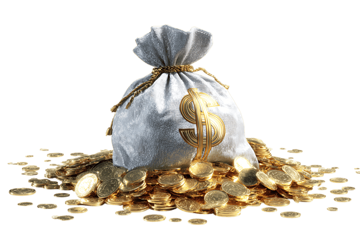 A white money bag overflowing with gold coins, symbolizing wealth and riches.
