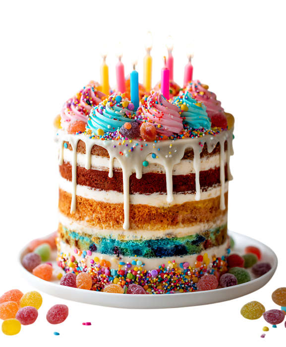 Colorful layered cake with candles