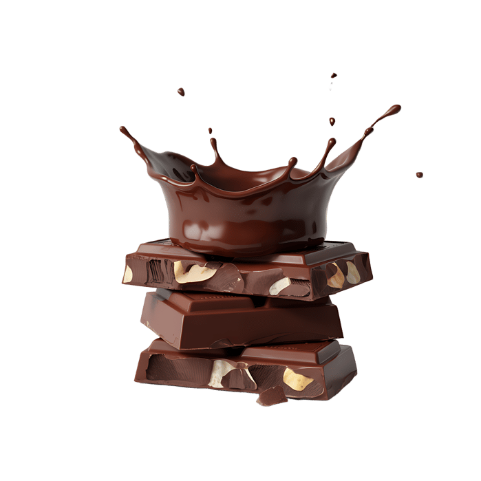 Delicious chocolate bar with nuts and a splash of melted chocolate.