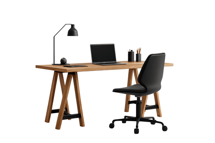 Modern wooden desk with black chair and computer