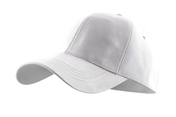 Blank white baseball cap, isolated on black background.