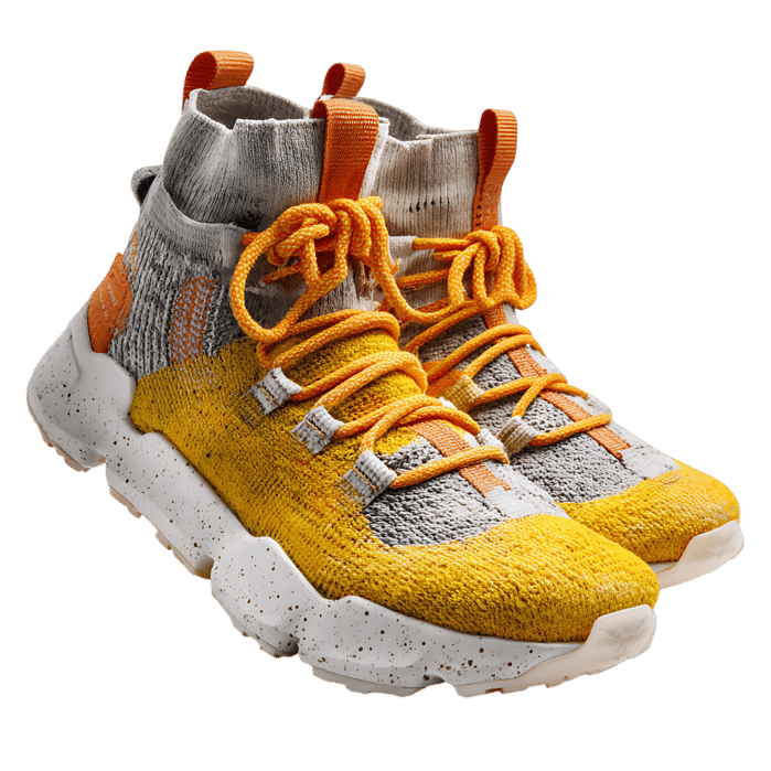 Stylish yellow &amp; grey high top sneakers with unique design.