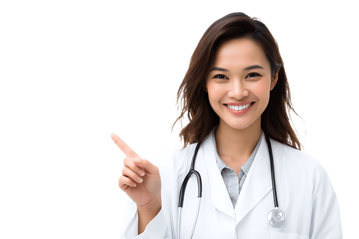 Smiling female doctor points right567