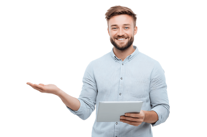 Happy businessman showing product on tablet.  Presentation, technology, success concept.