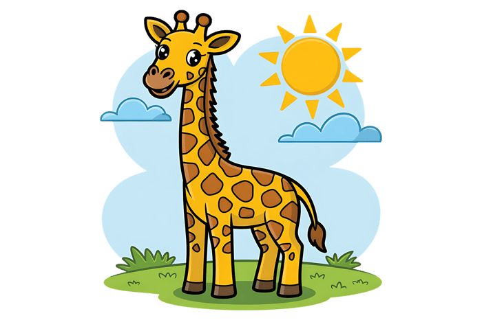 Cartoon giraffe with sun and clouds illustration