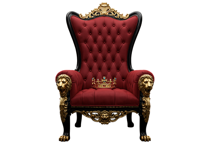 Royal throne with lion head armrests and a crown