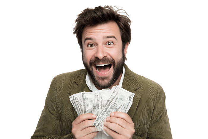 Happy man holding cash money