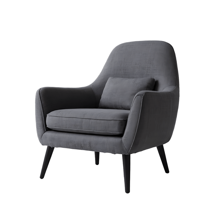 Stylish gray armchair with dark wooden legs. Perfect for living room, bedroom or office.