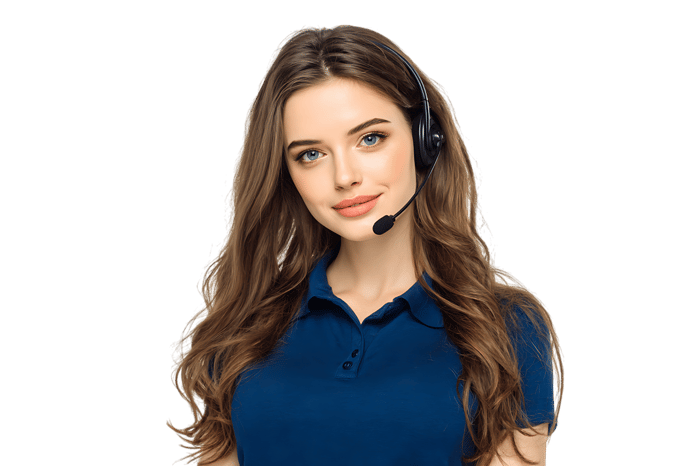 Smiling woman wearing headset, providing customer support. Customer service, helpdesk, support.