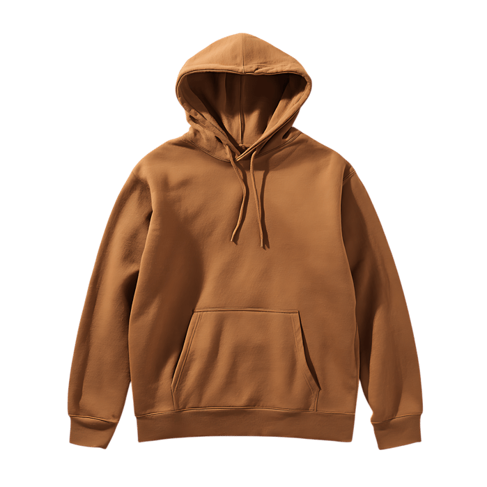 Blank brown hoodie template, front view, for apparel design mockups.