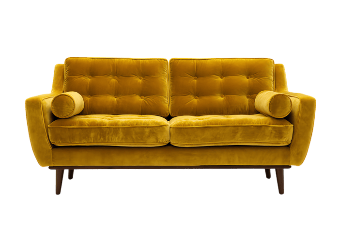 Mustard yellow velvet sofa button tufted mid century modern style