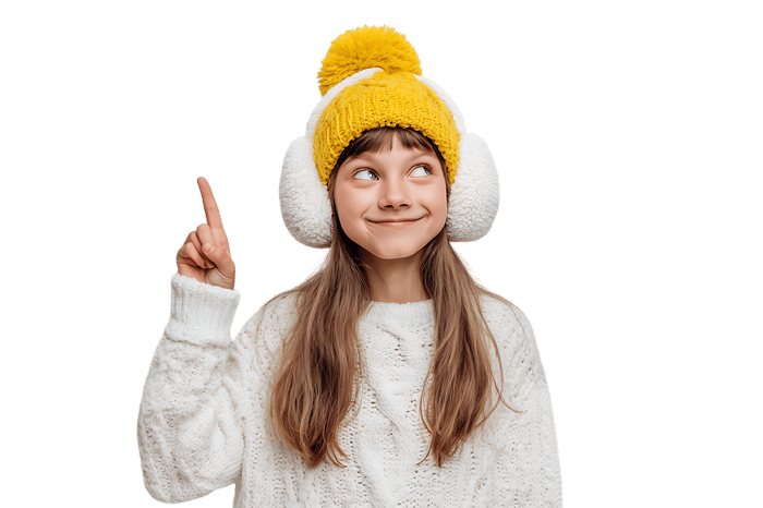 Cute girl in winter clothes pointing upwards, suggesting an idea or looking up.