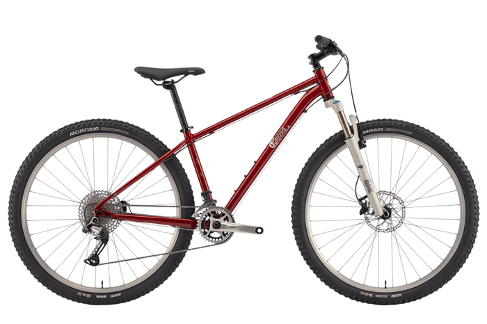Maroon mountain bike with front suspension for outdoor activity