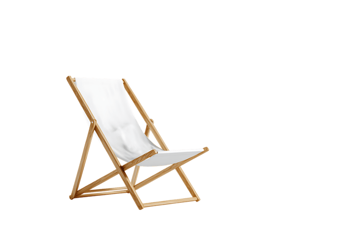 Relaxing wooden deck chair with white canvas