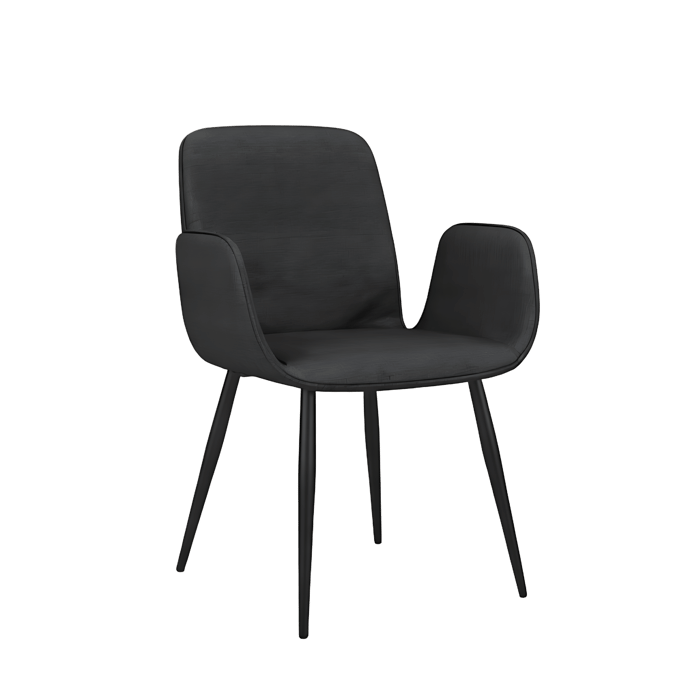 Stylish black armchair with armrests and tapered legs.