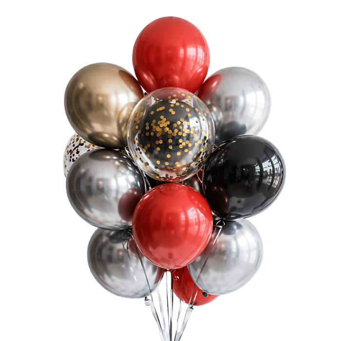 Red, black, gold &amp; silver balloons bunch. Festive decoration for birthday, anniversary or celebration230.