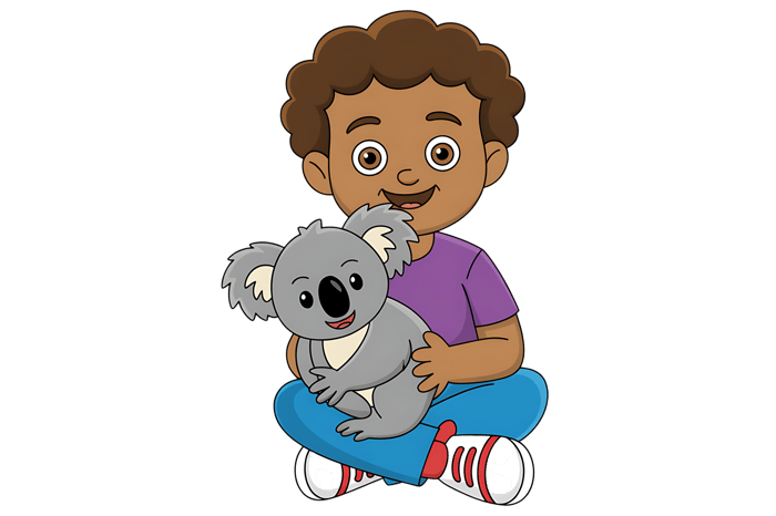 Cartoon boy hugging a koala bear illustration