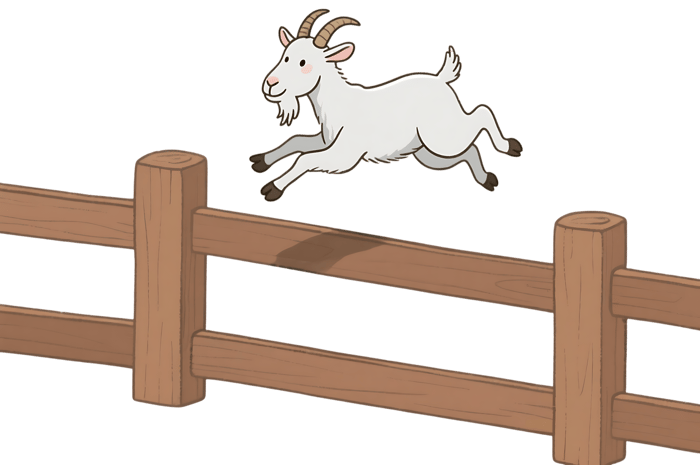 Cartoon goat jumping over a wooden fence illustration