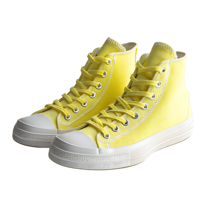 Stylish yellow high top sneakers on a plain background