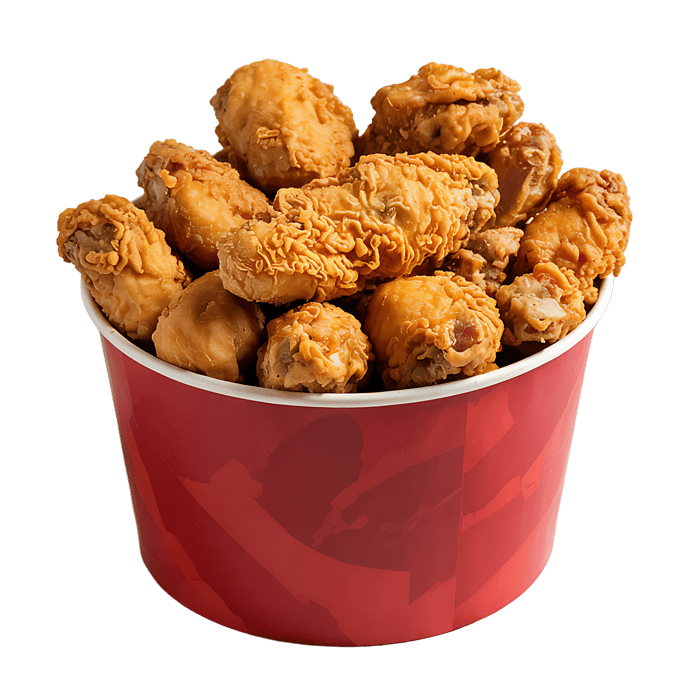 Delicious crispy fried chicken in a red bucket.