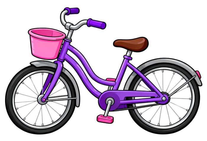 Purple bicycle with pink basket cartoon illustration