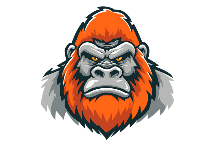 Angry orange gorilla head illustration, fierce expression, cartoon style for sports team or brand mascot