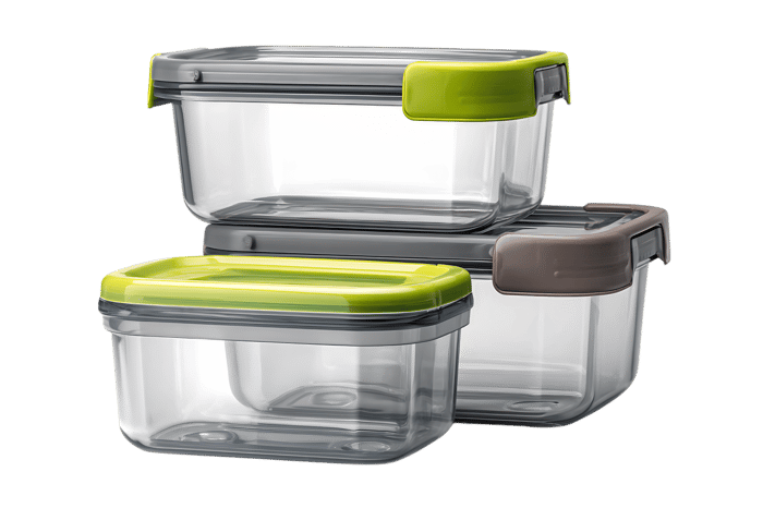 Stack of three clear plastic food containers with lime green and grey lids.