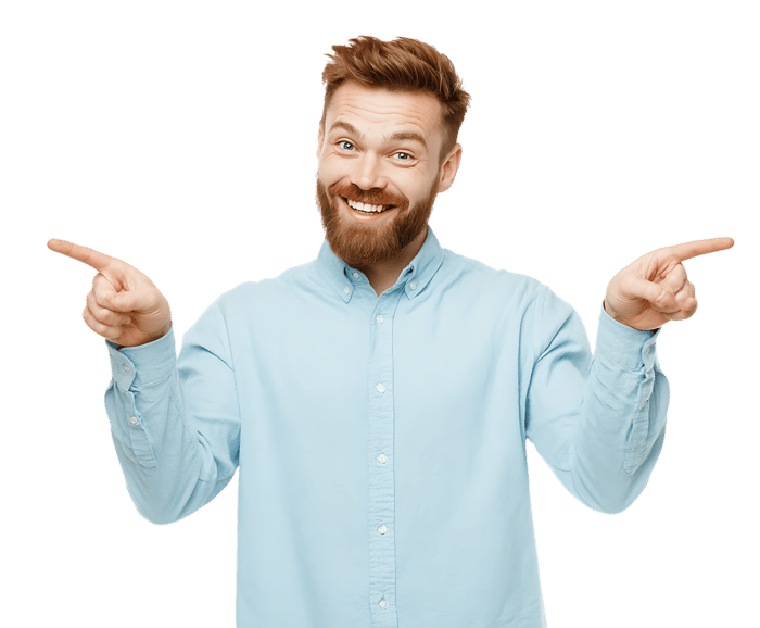 Smiling man points both ways