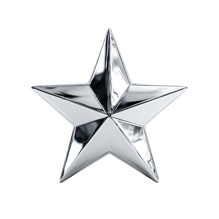 3D metallic silver star, perfect for achievement, award, or rating designs.