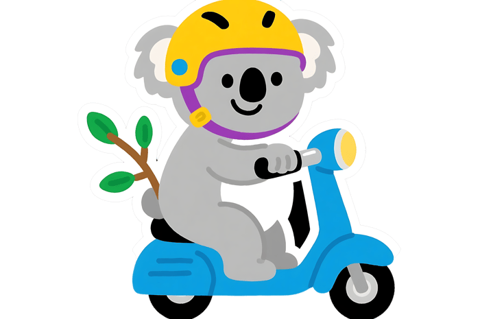 Koala on scooter with helmet and branch