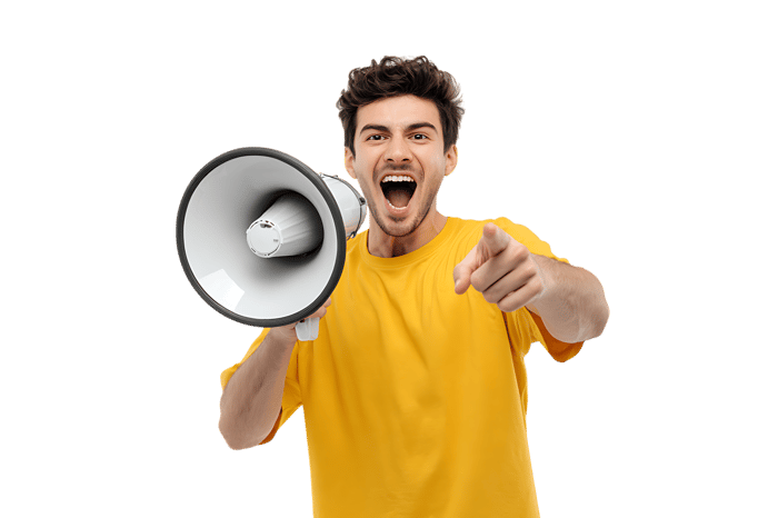 Young man shouting into megaphone, pointing finger.