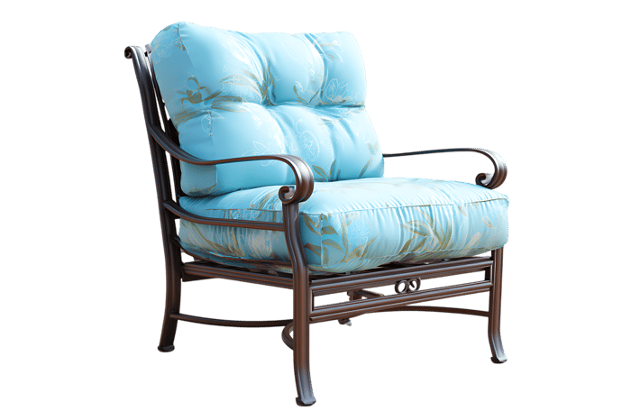 Comfortable patio chair with teal cushions