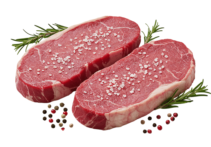 Two raw steaks seasoned with salt and pepper.