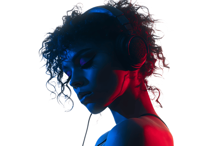 Woman with headphones, red and blue light
